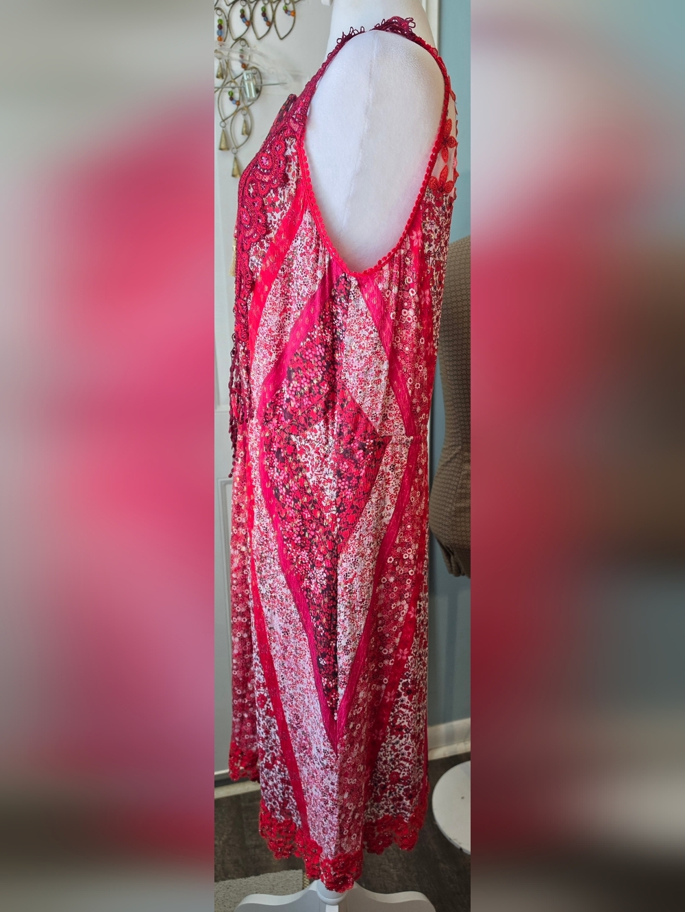 Elie Tahari Redwood McKenna Silk  Midi Dress Womens 8 Red Floral Boho Tassels - Picture 3 of 15